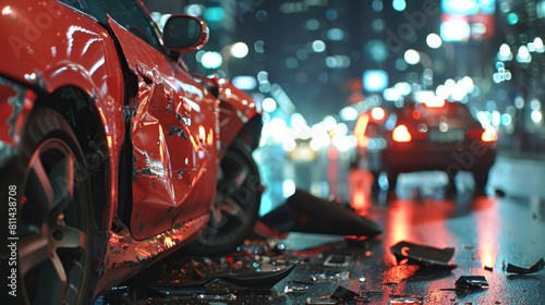 Close-up view of a car accident on a city road, damaged bumpers and deformation on broken automobiles at an urban crossroads, bright lighting