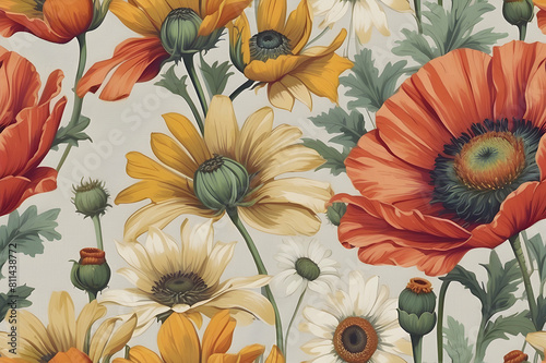 A seamless pattern of floral chintz pattern reminiscent of the 1940s. © Pram