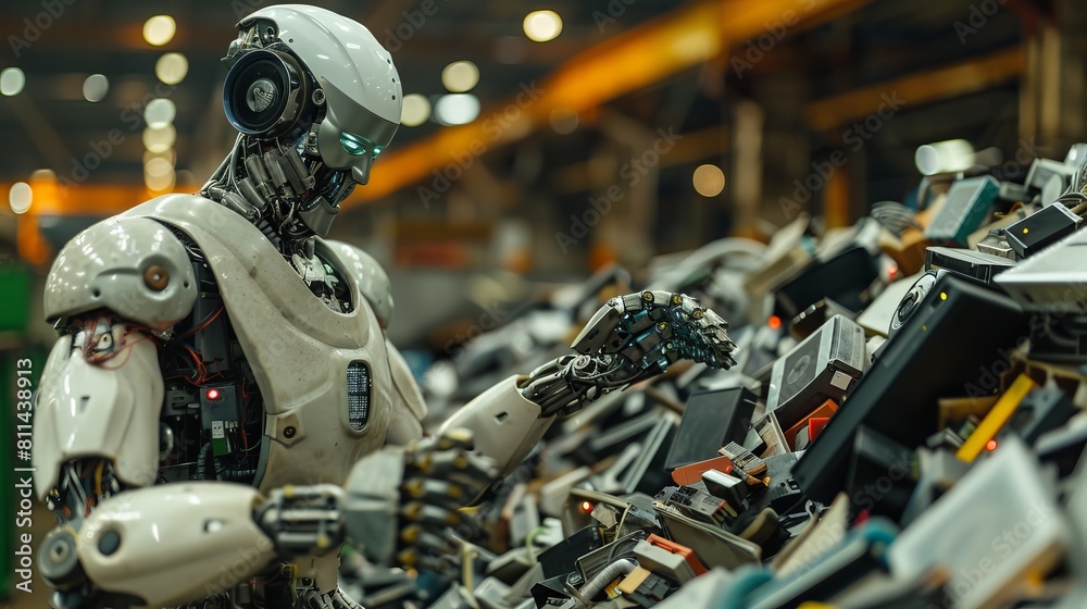 Fototapeta premium Brightly lit shot of a robot carefully handling old electronics, showcasing e-waste sorting and recycling efforts, close-up view