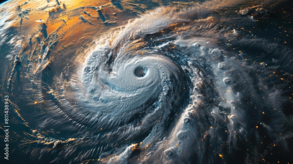Brightly lit satellite image of a hurricane's eye tightly surrounded by swirling clouds, showcasing its immense scale over the ocean Brightly lit satellite image of a hurricane's eye tightly surrounded by swirling clouds, showcasing its immense scale over the ocean