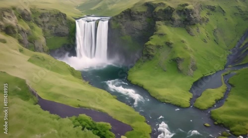 Stunning drone shot of Skogafoss waterfall and surrounding landscape in Iceland
