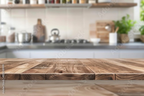 Wood table top on blur kitchen counter  room background.For montage product display or design key visual layout - generative ai