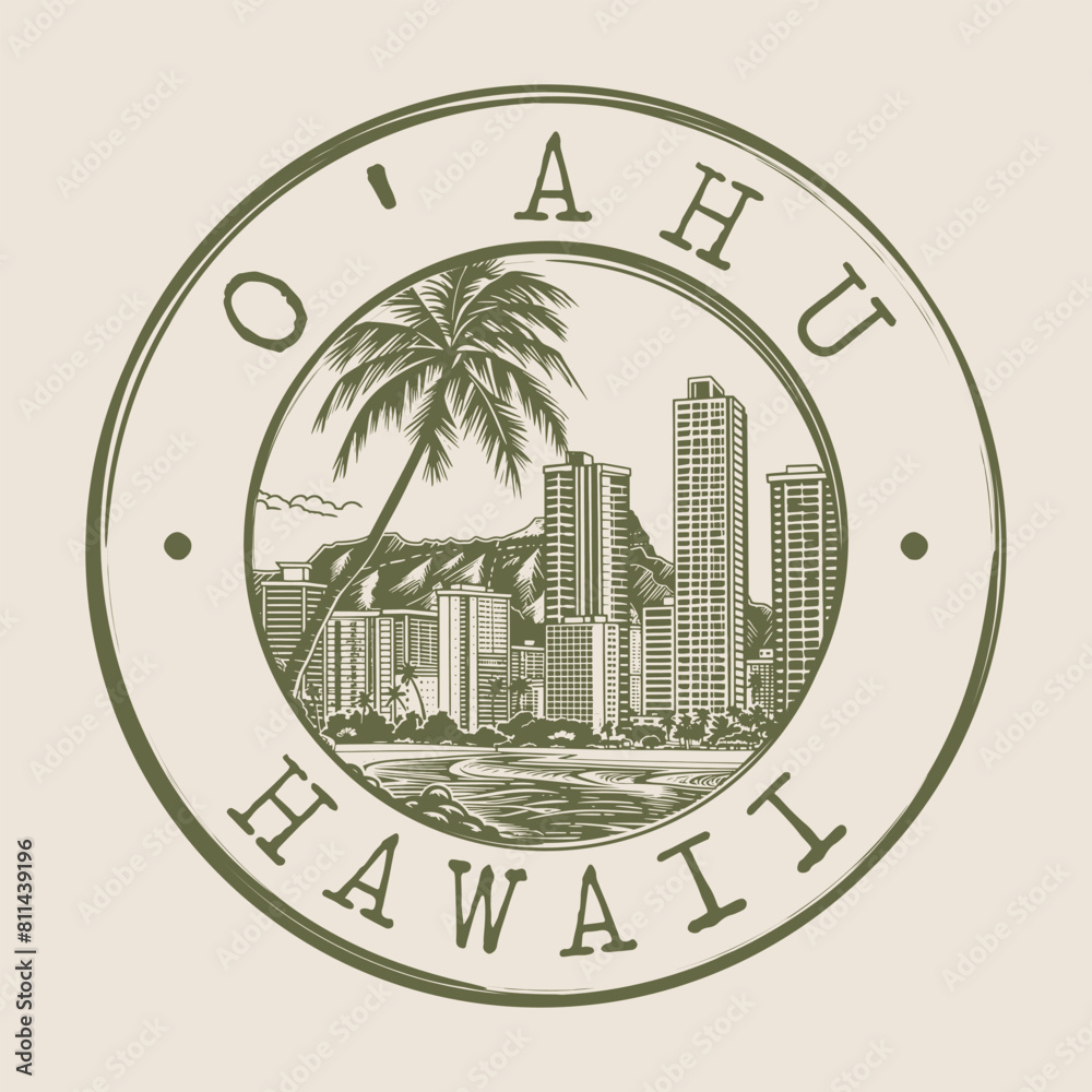 O‘ahu, Hawaii Stamp City Postmark. Silhouette Postal Passport. Round Vector Icon. Vintage Postage Design.	
