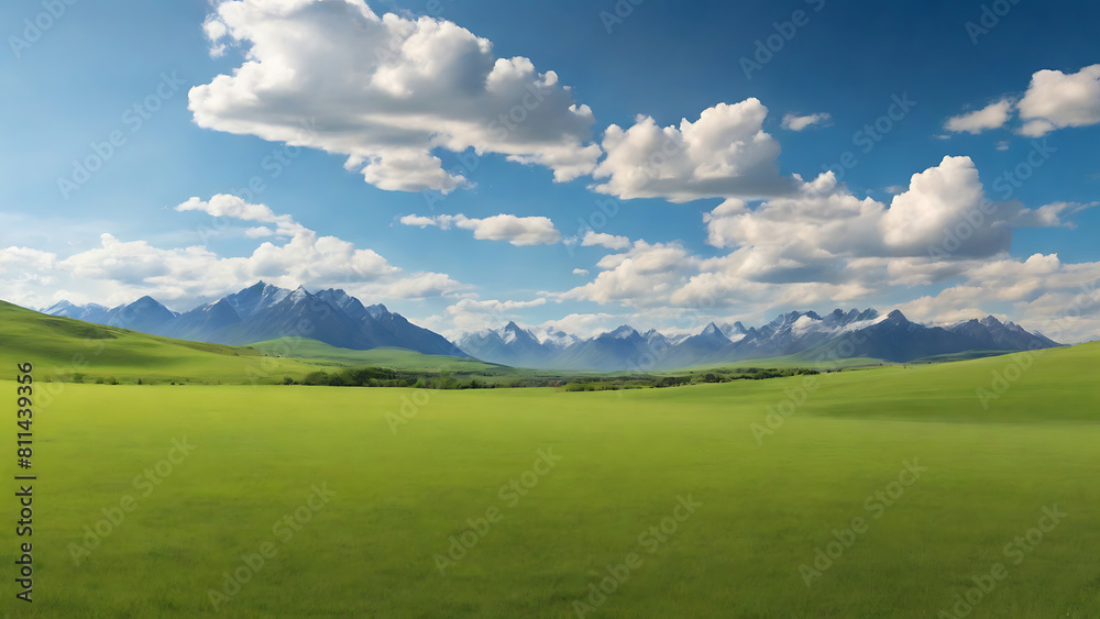 Panoramic natural landscape with green grass field blue sky, landscape 