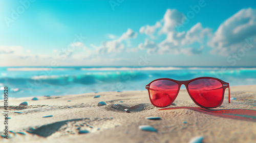 Sunglasses perched on the sand, beside a calm ocean under a bright summer sky