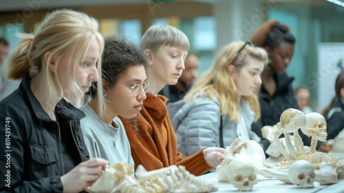 Diverse medical students closely examining anatomical models in a classroom  engaged in detailed study.