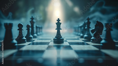  Dramatic chess scene with a king piece highlighted under a beam of light, symbolizing strategic decision-making.