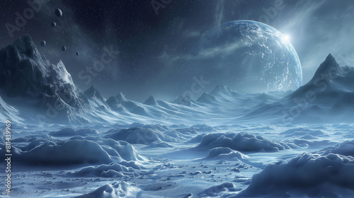 Frozen extraterrestrial landscape with giant moon and icy peaks under a dark, starry sky.