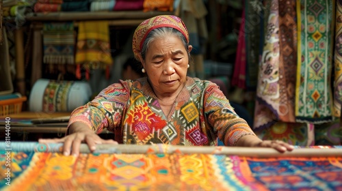 Old woman in songket batik clothes, Indonesian culture. photo