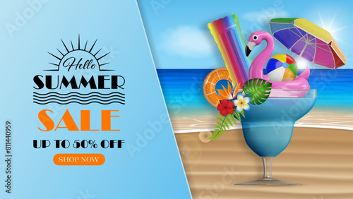 summer sale banner with cocktail with inflatables, beach umbrella and tropical plants