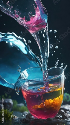 Cool blue color tone, colorful water and color splash with dark black background.