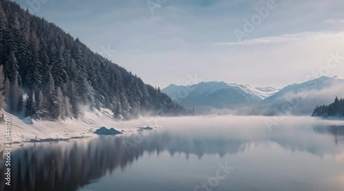 snowy forest with flowing river