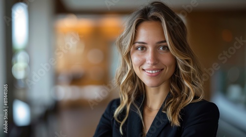 Confident Businesswoman Smiling with Genuine Joy in Wide Shot Depth of Field