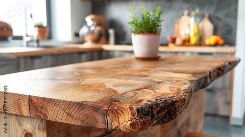 Detailed close-up of a stylish wooden countertop, set in a loft apartment's modern Nordic kitchen, emphasizing clean lines