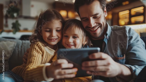 Joyful Family Time: Parents and Children Having Fun with Tablet at Home, Captured in a Wide Shot with Focus on Genuine Smiles