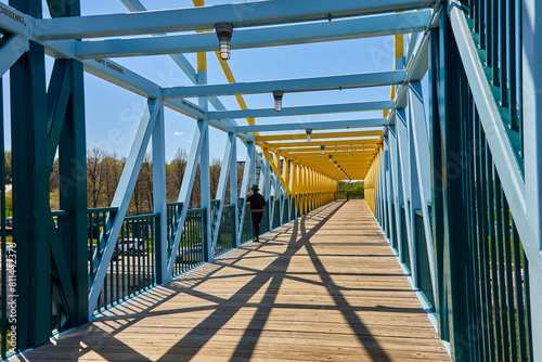 Modern bridge painted blue and yellow near Sculpture Garden in Minneapolis Minnesota USA