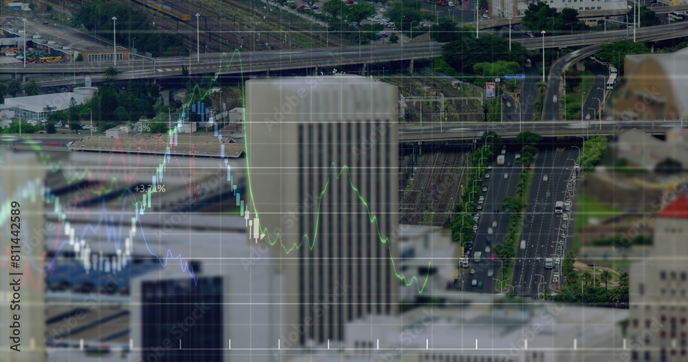 Image of financial graphs and data over cityscape