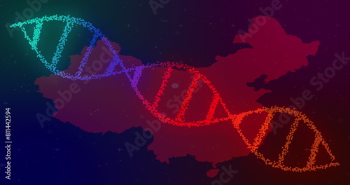 Photography Image of dna strand spinning over map of china