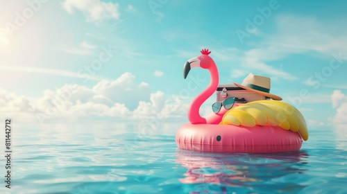 pink flamingo lifebuoy floats on beach on summer time vacation 