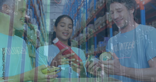 Image of financial data processing over diverse people in warehouse