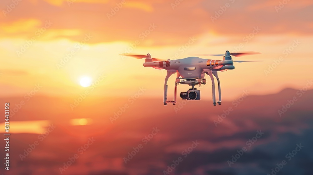 Drone with a camera flies smoothly in a clear sky, brightly lit to reveal intricate details and tech, illustrating modern capabilities Drone with a camera flies smoothly in a clear sky, brightly lit to reveal intricate details and tech, illustrating modern capabilities
