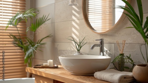 Elegant close-up of a wooden stand sink with a tub and mirror in a stylish modern bathroom  focusing on the bath accessories