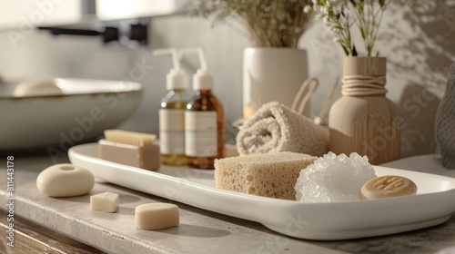 Elegant ceramic tray in a home bathroom filled with bath supplies, like salt soap bars, natural sponge, and massage oil, captured up close