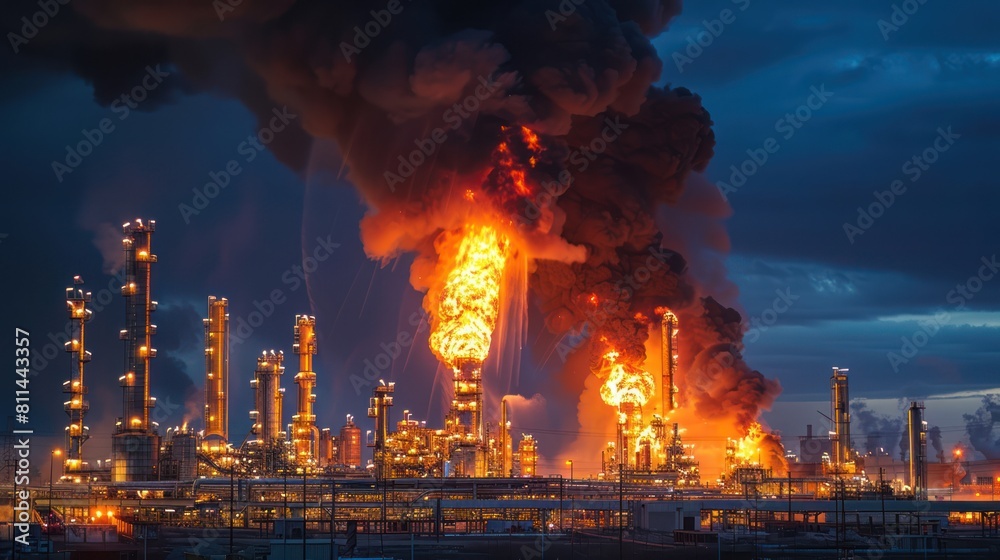 Industrial Oil Refinery Engulfed in Major Fire and Explosions with Thick Black Smoke Cloud