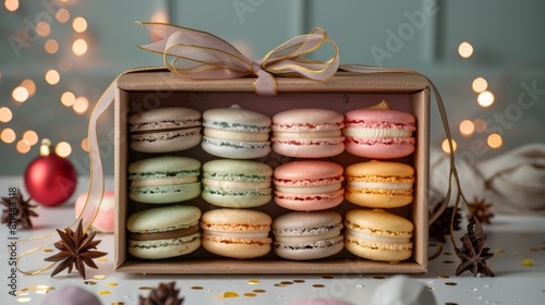 Detailed top view of a macaron assortment in pastel colors  displayed in a recycled gift box under bright lighting to emphasize cuteness