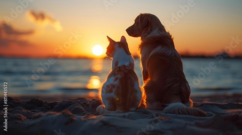 Cat and dog sitting on the sandy beach. Evening sunset sea background. Dog and cat illustration. Beach with dog and cat. Beautiful sea backdrop with dog and cat. Wallpaper background. Greeting card 