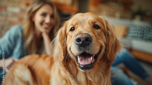 Joyful Family Fun with Dog at Home - Genuine Smiles and Wide Shot Depth of Field
