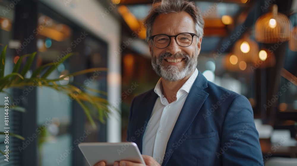 Smiling Businessman: Successful and Productive on Tablet in Office Smiling Businessman: Successful and Productive on Tablet in Office