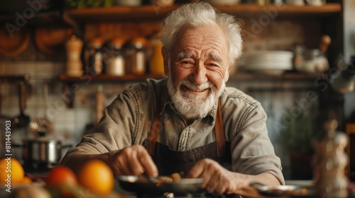 Retired Senior Man Finds Joy in Cooking: Retirement Hobby People Concept with Genuine Smile
