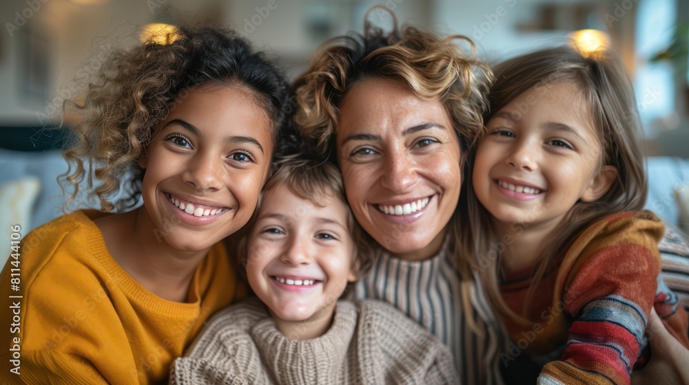 Joyful Multiethnic LGBT Family with Children at Home: Wide Shot of Happy Lesbian Couple and Kids, Genuine Smiles, Love and Happiness Concept Joyful Multiethnic LGBT Family with Children at Home: Wide Shot of Happy Lesbian Couple and Kids, Genuine Smiles, Love and Happiness Concept