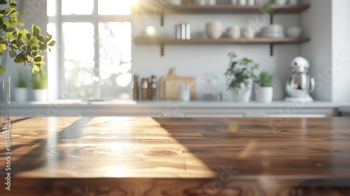 Loft apartment kitchen close-up  focusing on sleek wooden countertops in a modern Nordic setting  under natural light