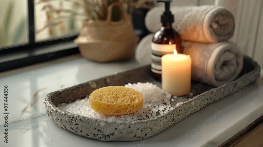 Intimate close-up view of a ceramic tray with massage oil, candlelight, and bath salts, alongside a natural sponge and rolled towel