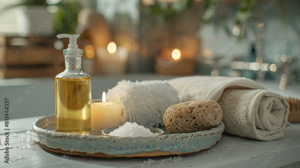Intimate close-up view of a ceramic tray with massage oil, candlelight, and bath salts, alongside a natural sponge and rolled towel Intimate close-up view of a ceramic tray with massage oil, candlelight, and bath salts, alongside a natural sponge and rolled towel