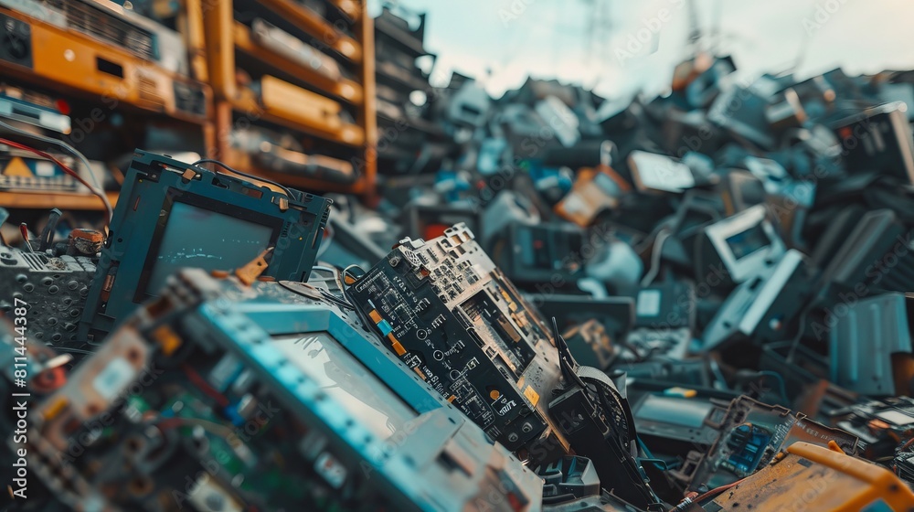Intimate close-up of electronic waste piled in the background, emphasizing the importance of e-waste recycling and eco-awareness Intimate close-up of electronic waste piled in the background, emphasizing the importance of e-waste recycling and eco-awareness