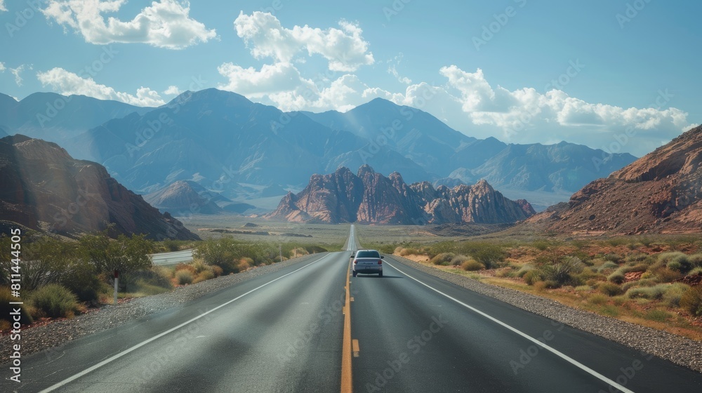 Highway scene with a white car driving past rocky mountains under the bright sunlight of a beautiful day, focusing on clear lighting