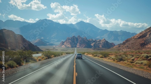 Highway scene with a white car driving past rocky mountains under the bright sunlight of a beautiful day, focusing on clear lighting © Paul