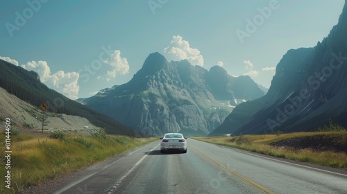 Highway scene with a white car driving past rocky mountains under the bright sunlight of a beautiful day, focusing on clear lighting © Paul