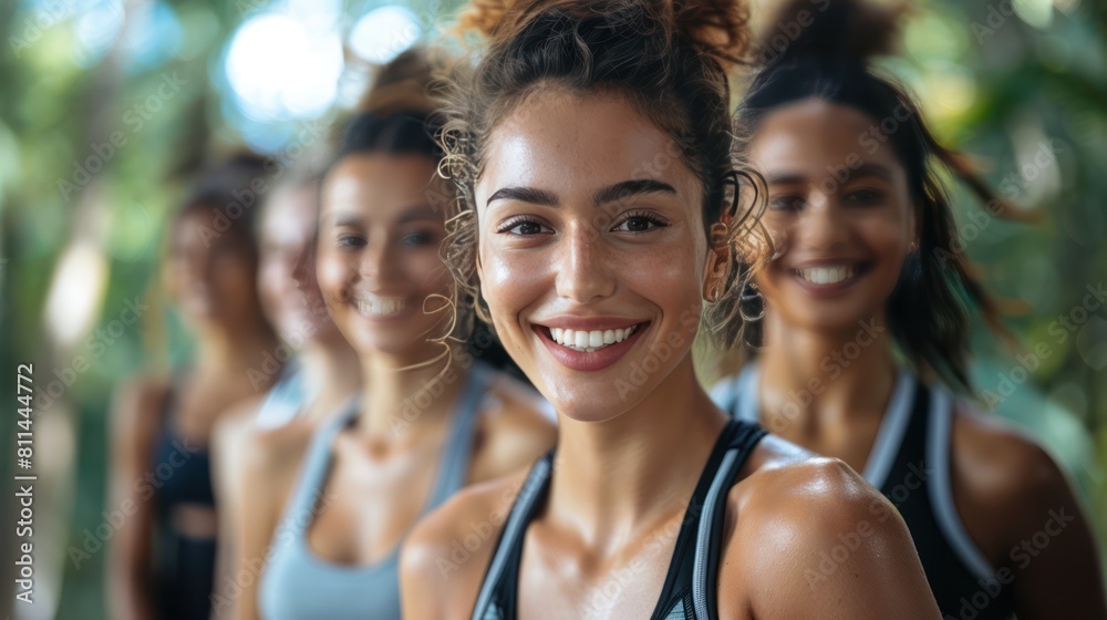 Happy Group Exercising for Fitness and Friendship: A Wide Shot Depicting Genuine Smiles and Healthy Lifestyle