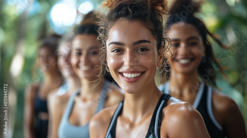 Happy Group Exercising for Fitness and Friendship: A Wide Shot Depicting Genuine Smiles and Healthy Lifestyle