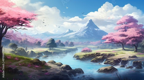 Beautiful fantasy spring nature landscape and cherry blossom tree animated background in japanese anime watercolor Generative AI