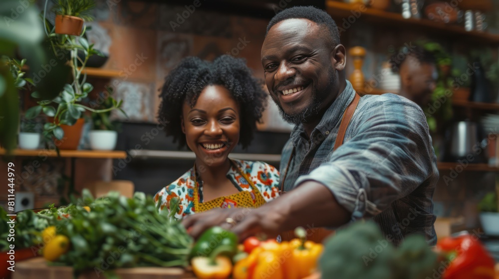 Joyful African American Family Bonding While Cooking Healthy Meals, Wide Shot Emphasizes Genuine Smiles and Depth of Field