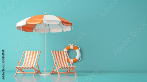 umbrella beach with chairs yellow striped color and lifebouy on blue background on summer season concept