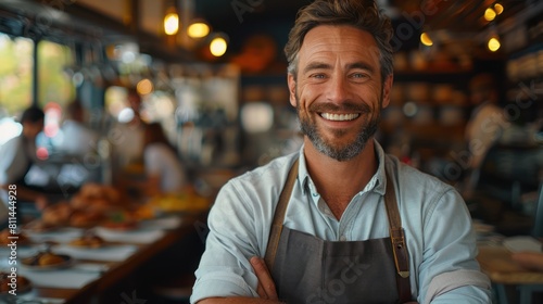 Proud Businessman Surveys Crowded Restaurant with Genuine Smile