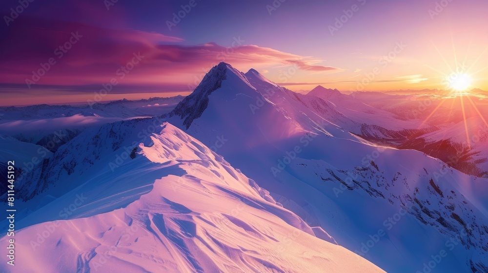 Naklejka premium Skiing in the Alps during a clear winter sunrise and training at sunset The essence of extreme sports travel landscapes and vacations Vibrant mountain views