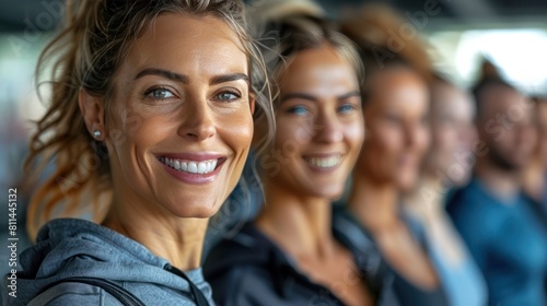 Genuine Smiles: Group of Fit People Exercising Together at the Gym - Wide Shot with Depth of Field