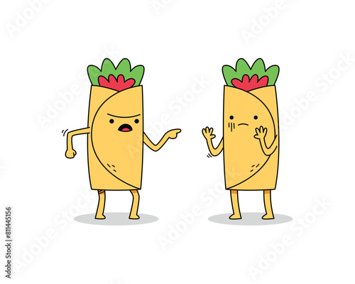 Cute burrito cartoon character arguing doodle